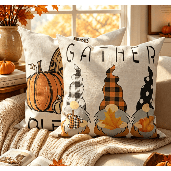 AOFOTO Fall Thanksgiving Throw Pillow Covers 18x18 Set of 2 Double-Sided Blessed Pumpkin and Gather Gnomes Soft Cushion Covers Farmhouse Autumn Decor