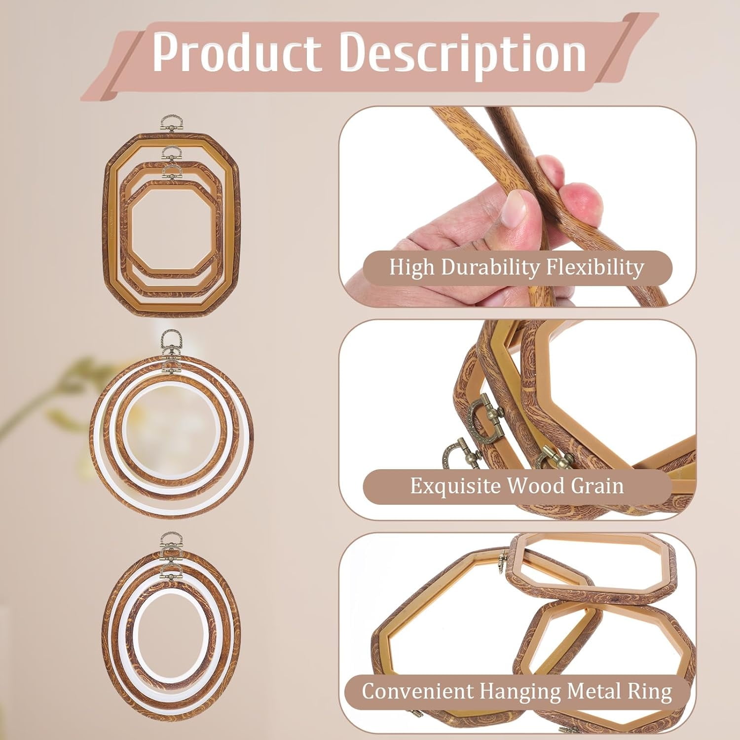 Topboutique 9 Pcs Embroidery Hoop Set Embroidery Frame Decorative Imitated Wood Display Frame Circle Oval Rectangle Octagonal Cross Stitch Hoop Ring Craft Sewing Hoops for DIY Embroidery Projects