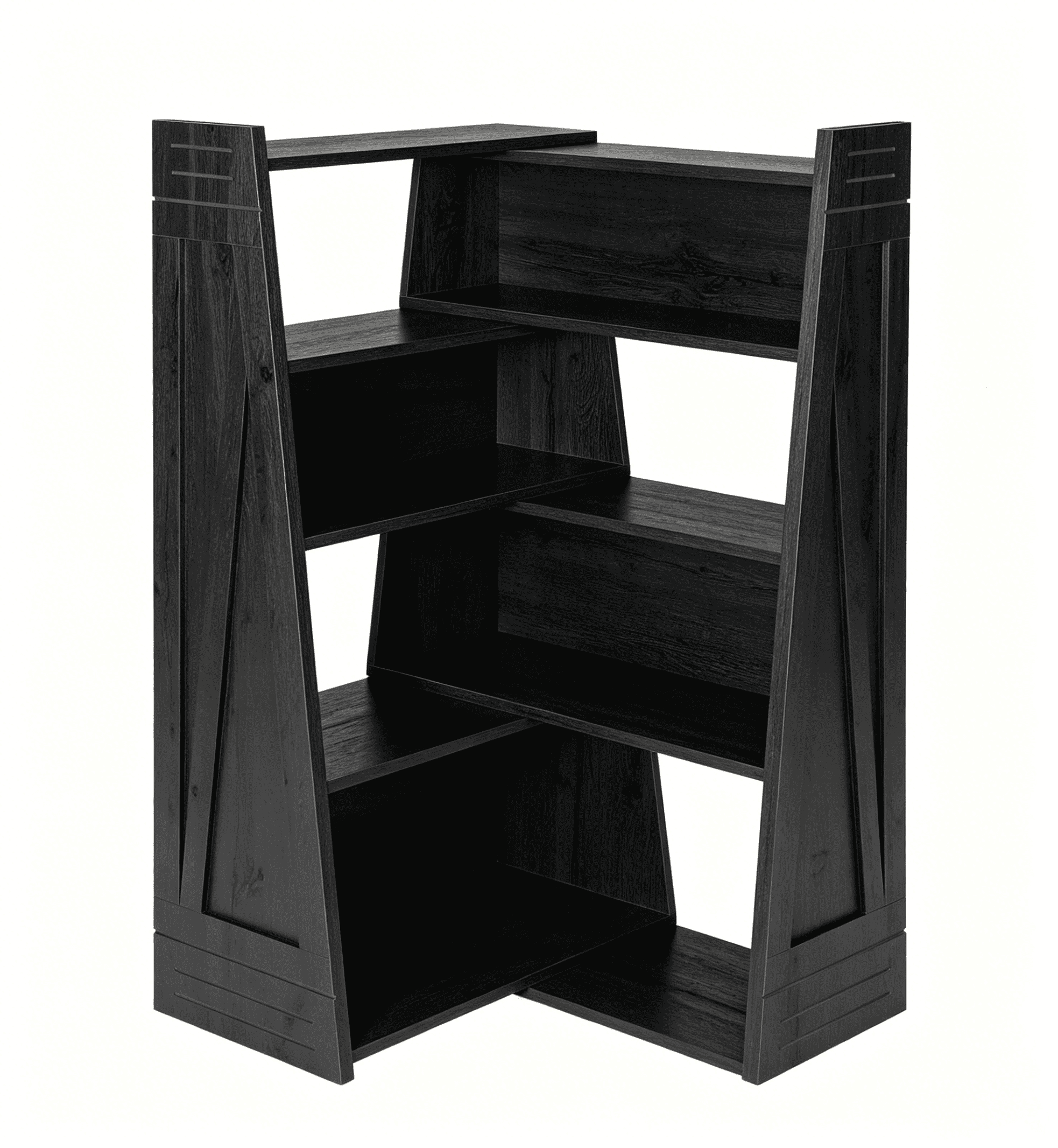 Modular Asymmetrical Bookshelf with 3 Configurable Layouts, Foldable Display Shelf and Staggered Storage Bookcase, Black Woodgrain