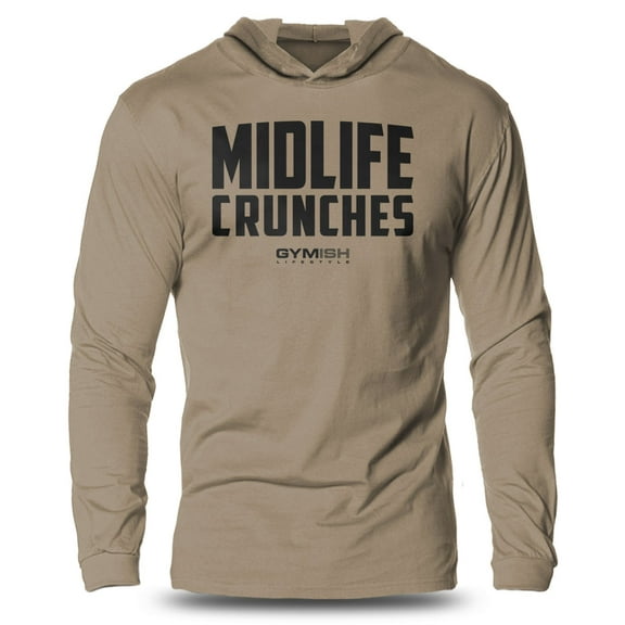 GYMISH Midlife Crunches Lightweight Long Sleeve Hooded T-Shirt for Men – Funny Gym Hoodie, Athletic Workout Shirt for Fitness & Training