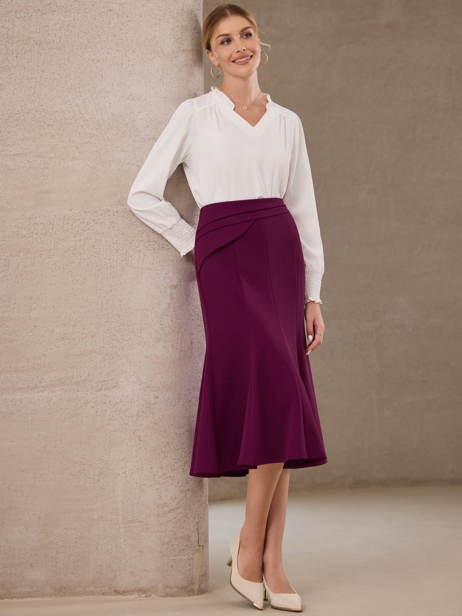 DARING DIVA Women's High Elastic Waist Fishtails Midi Skirts for Work S Purple