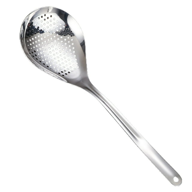 Cuchara coladora de acero inoxidable con mango ergonómico y agarre cómodo, larga, para freír alimentos, accesorios de cocina