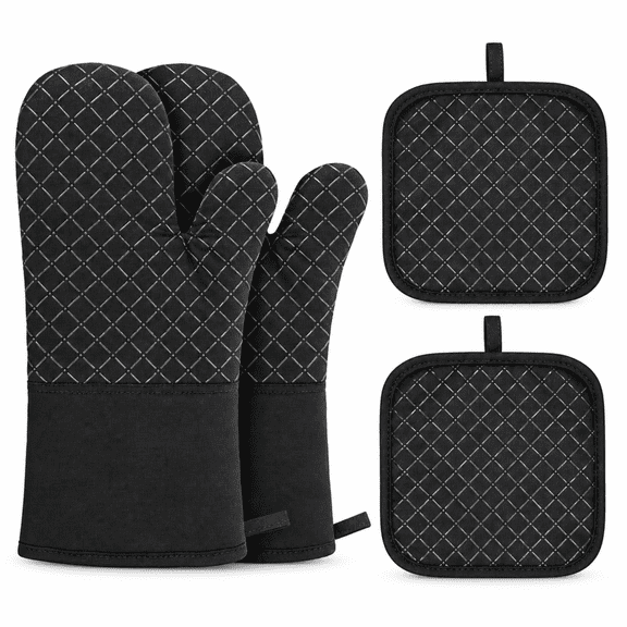 ICREOPRO 4-Piece Oven Mitts and Pot Holders Set, Heat Resistant up to 500°F Oven Gloves with Non-Slip Silicone Grip and Long Cuffs for Baking and Cooking, Black