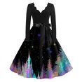 thumbnail image 6 of Women's Casual Fashion V-Neck Long Sleeved Retro Christmas Print Retro Dress, Holiday Print, Audrey Style, Party Wear, Casual Dress, Festive,Purple,M, 6 of 7