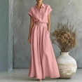 thumbnail image 2 of Womens Casual Two Piece Outfit Short Sleeve Collared Shirt High Waist Wide Leg Pants with Pockets Solid Color Loungewear Set Pink L(L), 2 of 6