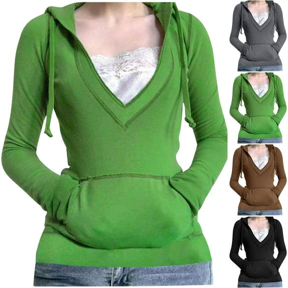Olyvenn Women's Fashionable Casual Slim Fit Deep V Neck Drawstring Hoodie with Lace Patchwork Top T Shirt Woman Tee Black 6