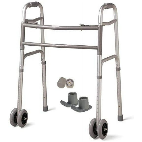 Bariatric Heavy-Duty Folding Walker with Wheels for Seniors, Adults, Extra Wide Front Wheel Walker (2 5-Inch Wheels), and Free 2 Pairs of Rear Glides Heavy Duty Sizes. Sized for Adults up to 450 lbs