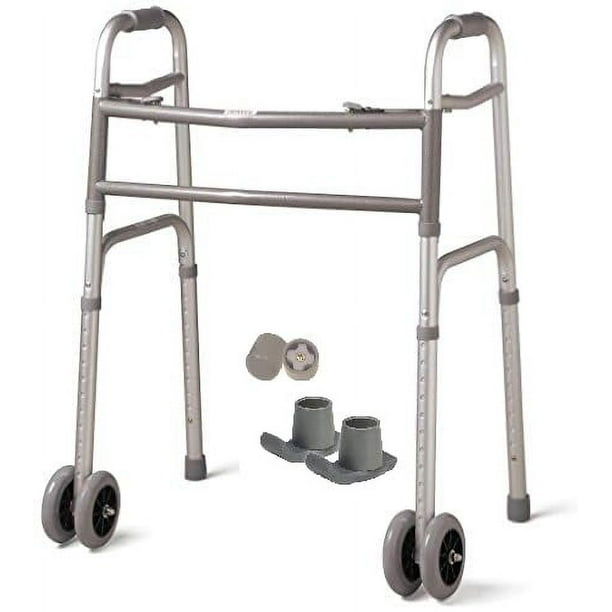 Andador plegable bariátrico de alta resistencia con ruedas para adultos mayores. Incluye ruedas delanteras extra anchas (2 ruedas de 5 pulgadas) y 2 pares de deslizadores traseros gratuitos. Tamaños r