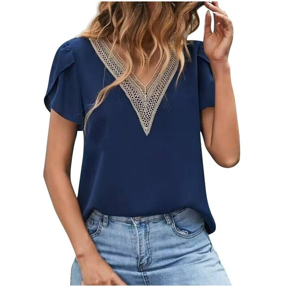 Perfectbot Womens Ruffle Short Sleeve Shirts Hollow Out Lace V Neck Tops Loose Fitted Casual Blouse