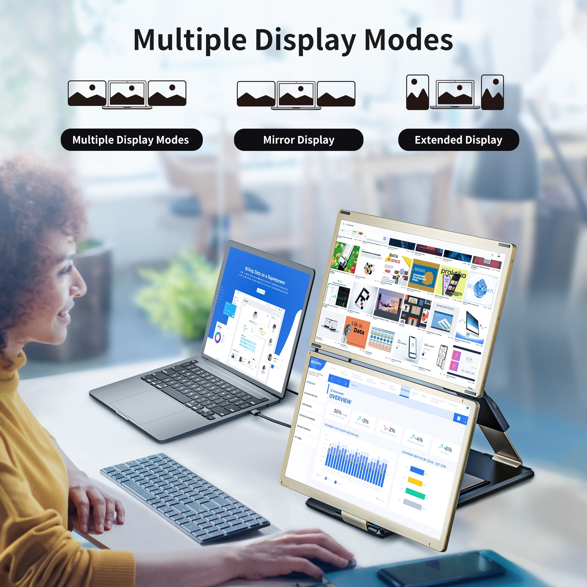15.6" Triple Laptop Screen Extender, Detachable 1080P FHD IPS USB-C Portable Monitor, Plug & Play for Mac/Win/Android/DeX