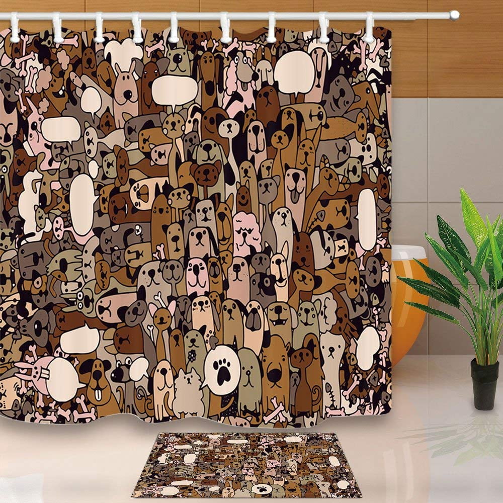 WOPOP Hand Drawn Doodles Pets Bath Curtain Set Cute Animals Cats and