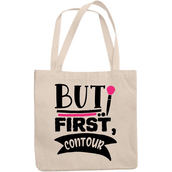 12oz Canvas Tote Bag - But First Contour with Makeup Brush Design - Beauty Themed Merch for Makeup Artist or Cosmetologist, Gift for Makeup Lovers & Beauticians