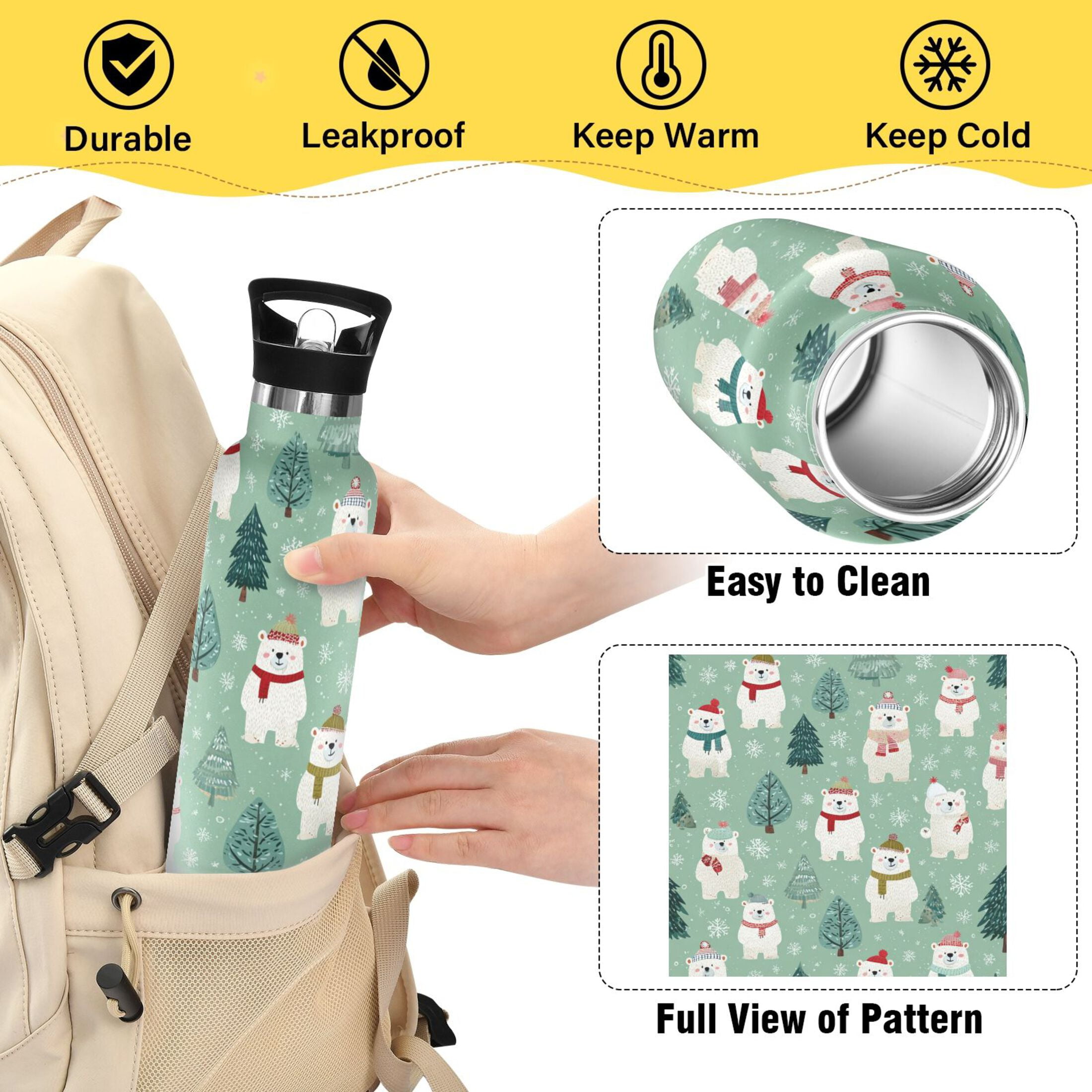 600ML Stainless Steel Insulated Cup Sports Water Bottle Portable Thermos Cup Water Glasses Insulated Tumblers Convenient and Durable White Christmas Bear Pattern