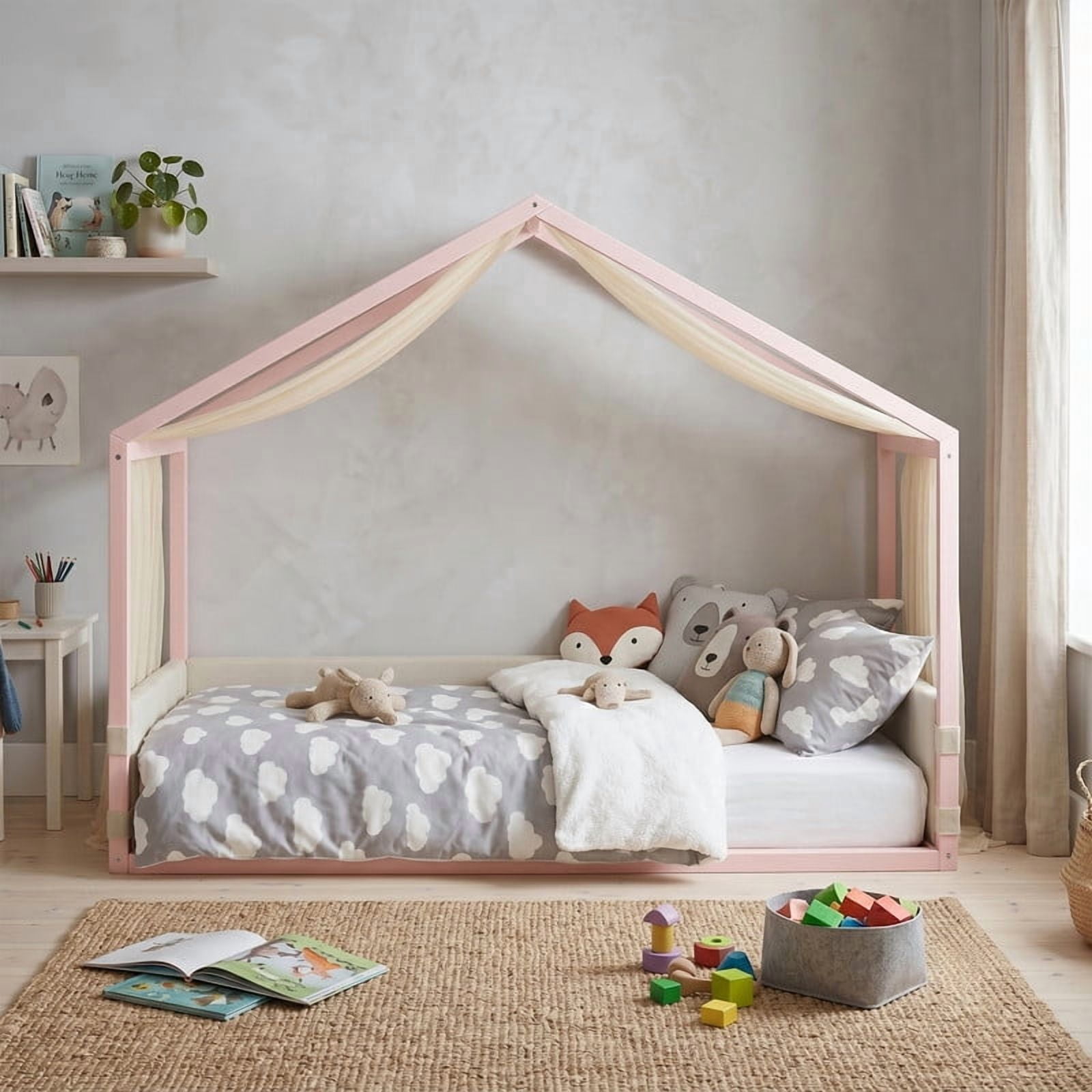 Twin Size Canopy Bed with Upholstered Velvet Side Panels and Breathable Gauze Canopy, Soft-Padded Platform Bed Floor Bed Kids Montessori Bed for Bedroom