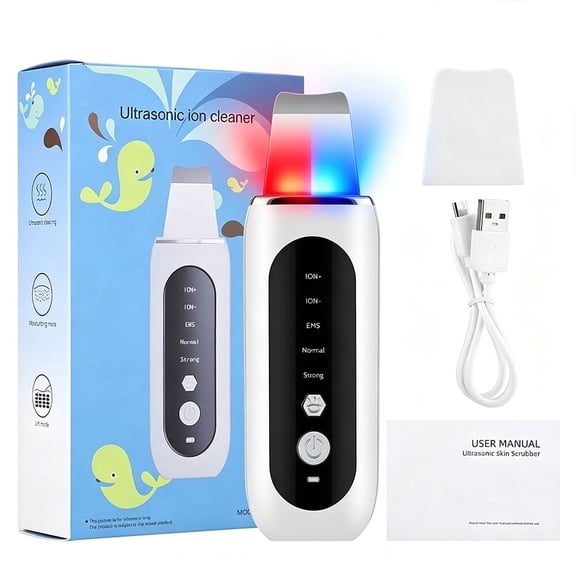 Skin Scrubber Face Spatula, Ultrasonic Blackhead Remover with EMS Lifting, Red/Blue Light Pore Cleaner, 5 Modes for Deep Pore Cleansing, White