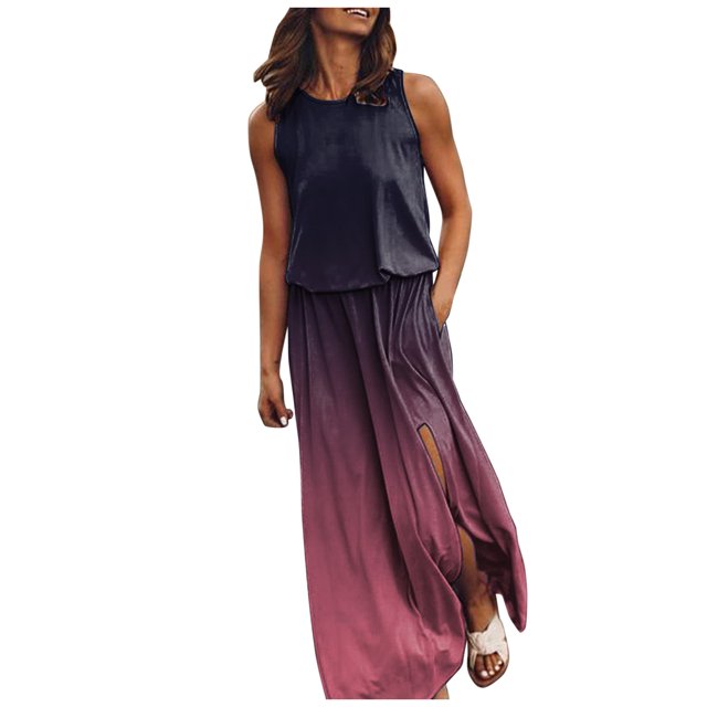 B91xZ Robes d'Été pour Femmes Col Carré Sans Manches Ourlet à Volants Froncé, Rose Vif P