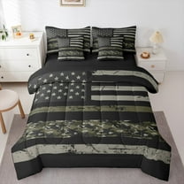 Manfei Retro American Flag Twin Bedding Sets 7-Piece, Grey Geometric Abstract Bedding Comforter Set, Camouflage Reversible Sheet Sets, Microfiber Bedroom Decor