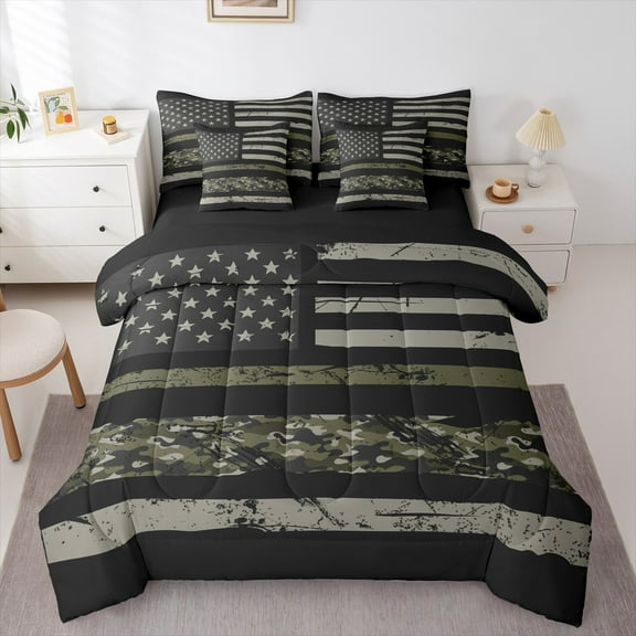 Manfei Retro American Flag Twin Bedding Sets 7-Piece, Grey Geometric Abstract Bedding Comforter Set, Camouflage Reversible Sheet Sets, Microfiber Bedroom Decor