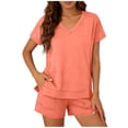 thumbnail image 2 of Women's Casual Short Sleeve Set V Neck Side Split T-Shirt Tops with Elastic Waist Shorts, Soft Breathable Daily Wear Sports Outfits Orange S, 2 of 6