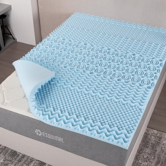 Colchoneta de Memory Foam con Gel, Sobrecolchón Topper 7 Zonas de Presion, Confort Acolchado, Cama Suave, Soporte Premium para Espalda, Protector de colchones 5 cm (Matrimonial, Azul)