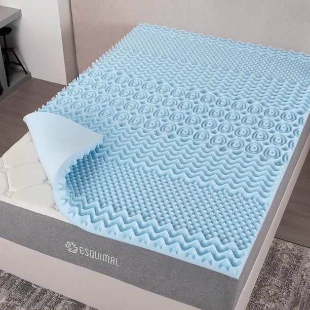 Colchoneta de Memory Foam con Gel, Sobrecolchón Topper 7 Zonas de Presion, Confort Acolchado, Cama Suave, Soporte Premium para Espalda, Protector de colchones 5 cm (Matrimonial, Azul)