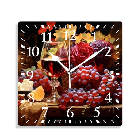 10 Inch Wall Clock Battery Operated Silent Clock Decorative for Office, Kitchen, Outdoor, Living RoomWine Grapes Oak Casks Design
