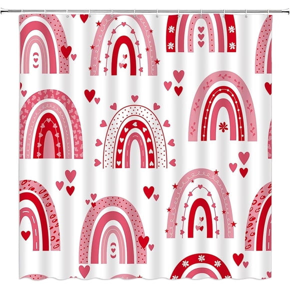 Valentine''s Day Shower Curtain Pink Rainbow Love Heart Boho Mid Century Modern Couple Sweet Romantic Simple Abstract Fabric Decorative Bathroom Curtains with Hooks,Pink, White