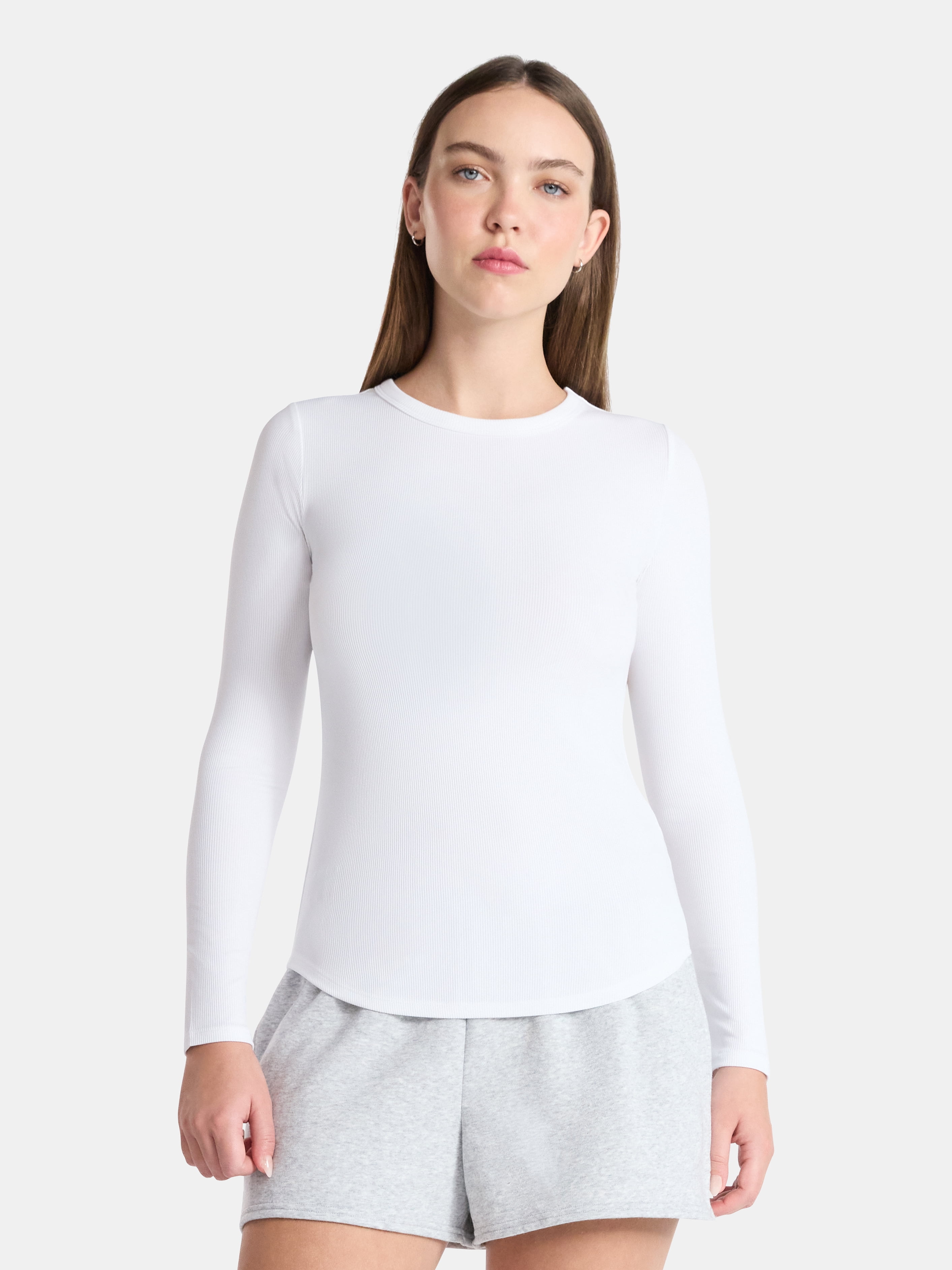 No Boundaries Ribbed Crewneck Tee with Long Sleeves, 1 or 2-Pack, Women's & Women's Plus XXS-XXL
