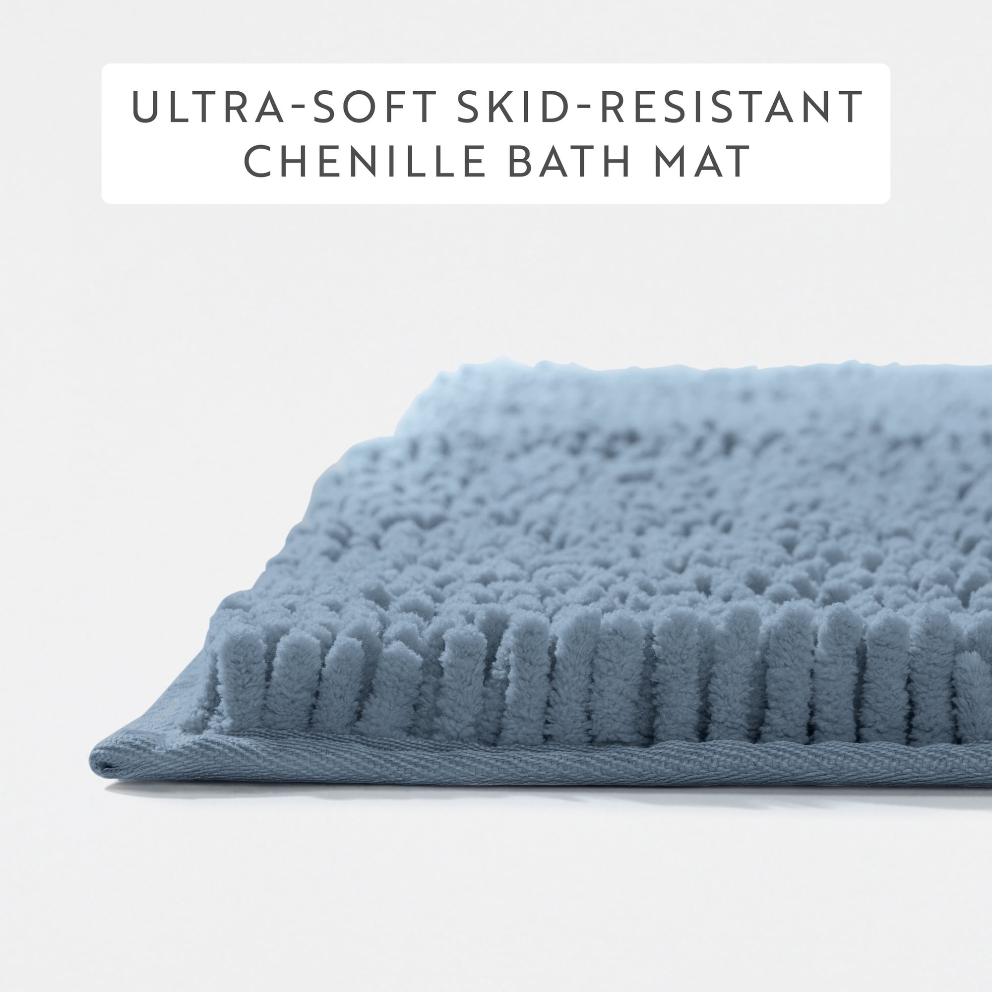 Soft Absorbent Chenille Bath Mat Rug with Anti-Skid Rubber Backing, 34 x 21, Light Blue, by Noble Linens