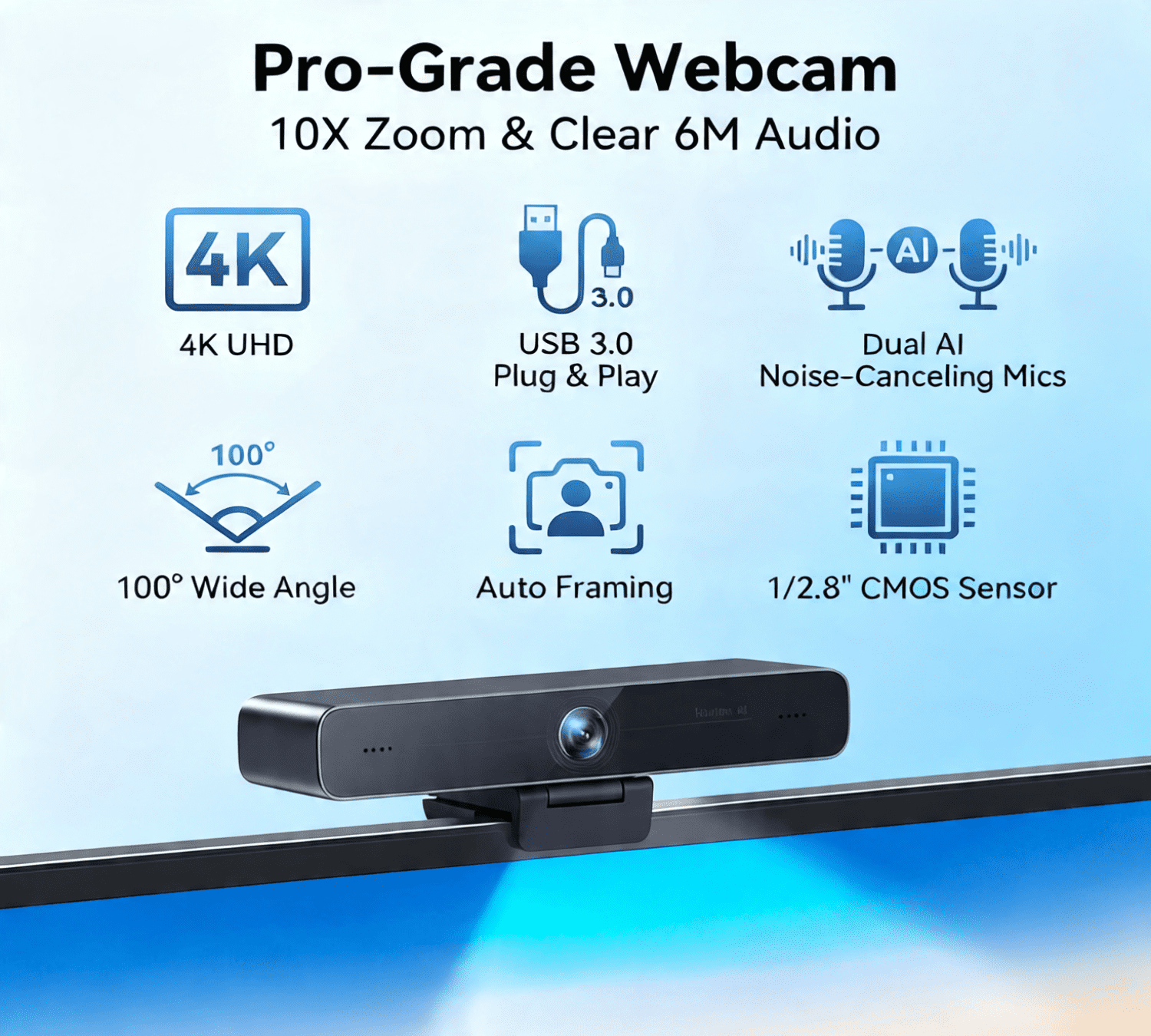 Horion 4K Ultra HD Webcam with Auto Framing, AI Noise Canceling Dual Mics, 100° Wide Angle USB Computer Camera for Video Conferencing and Live Streaming