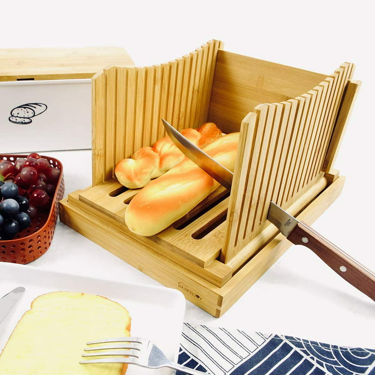 Bamboo Bread Slicer Cutting Guide - Foldable and Compact with Crumbs Tray  and Knife