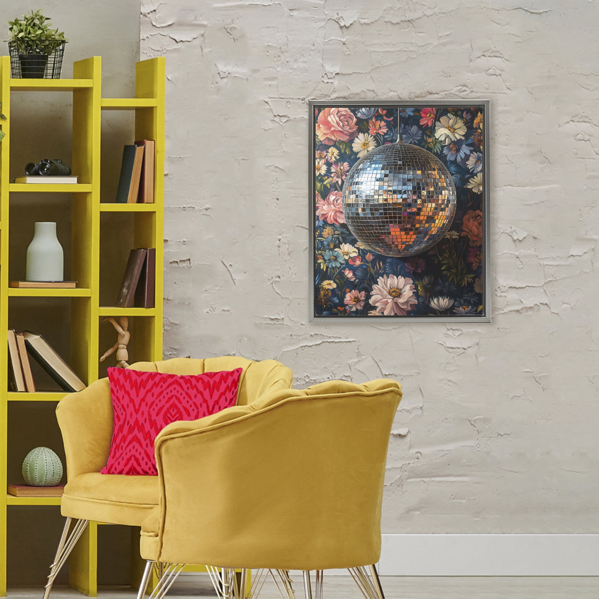 Stupell Industries Floral Disco Ball Reflection Gray Framed Floater Canvas Wall Art, design by LSR Design Studio