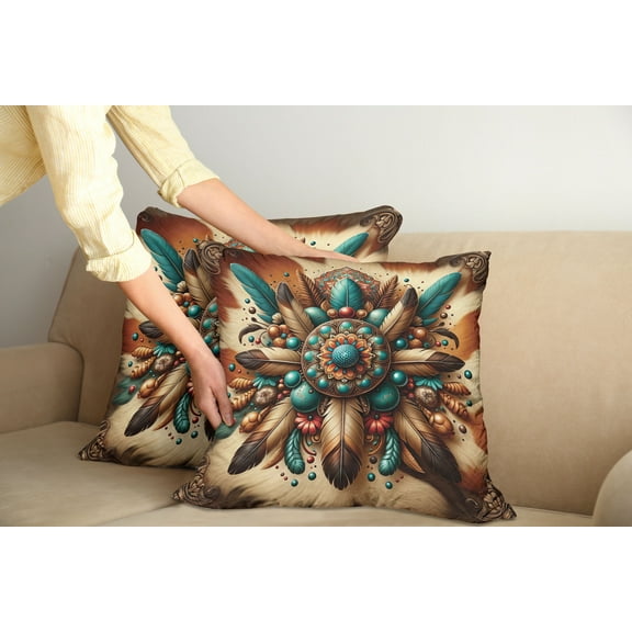 Ambesonne Rustic Throw Pillow Cover Pack of 2, Boho Earthy Feathers Mandala, 2 Pcs-28"x28", Teal Cinnamon Brown