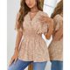 thumbnail image 4 of Blusa con cuello en V para mujer, cintura fruncida, manga corta, estampado floral, transpirable, para fiesta, salida a la calle, rosa, L, 4 of 7