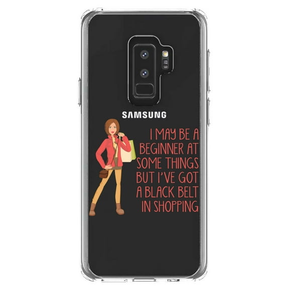 DistinctInk Clear Shockproof Hybrid Case for Samsung Galaxy S9  PLUS (6.2" Screen) - TPU Bumper Acrylic Back Tempered Glass Screen Protector - Beginner at Some Things Black Belt in Shopping