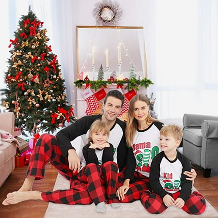 

Christmas Pajamas for Family 2022 Fuwaxung Cute Elf Printed Long Sleeve T-Shirt Red Plaid Pants Pajamas Set