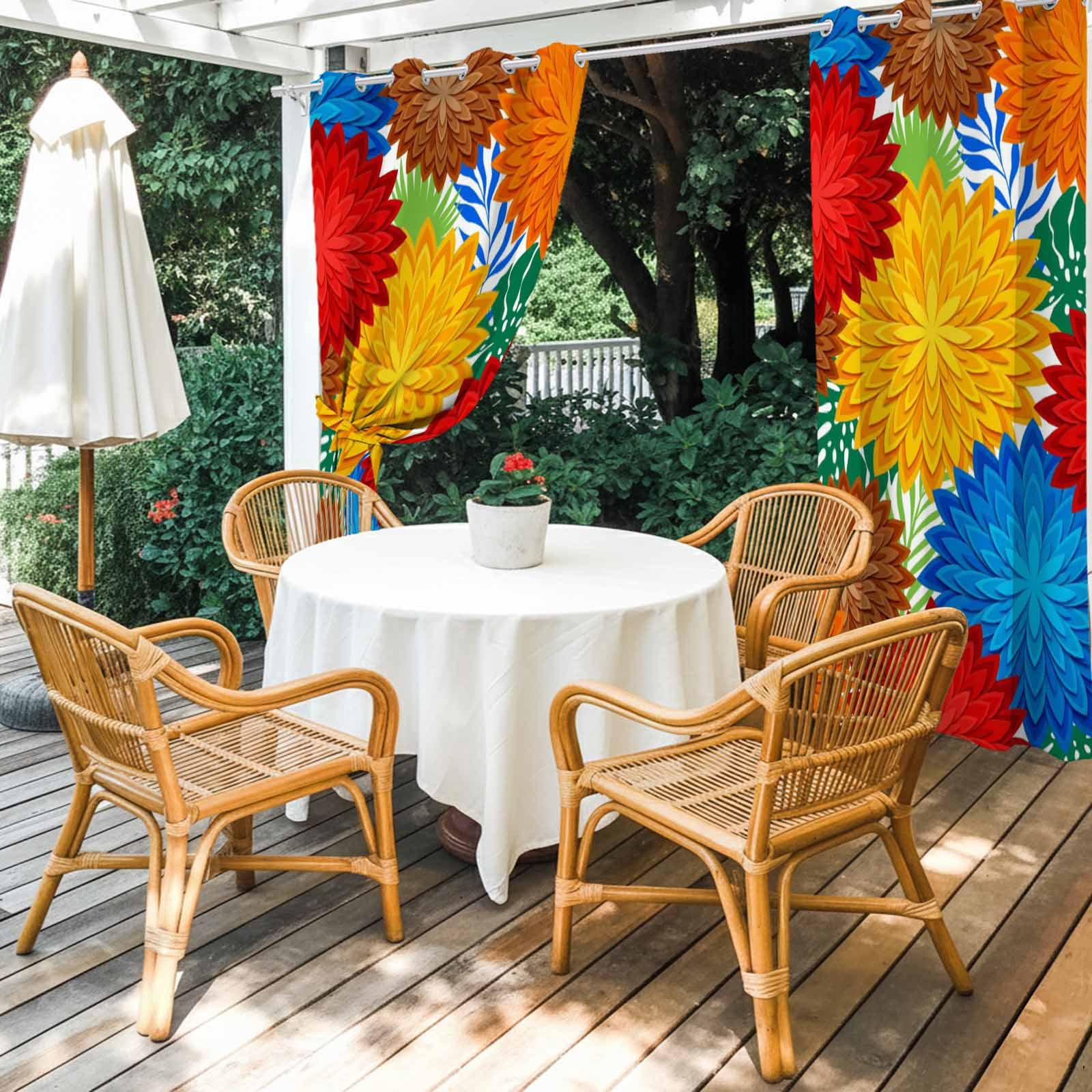 Dahlias Bloom Outdoor Curtains for Patio, Modern Exotic Minimalist Red Blue Yellow Orange Brown Flowers Sunshade Privacy Drapes Grommet Waterproof Outside Curtains for Porch Balcony 54"x108", 1 Panel