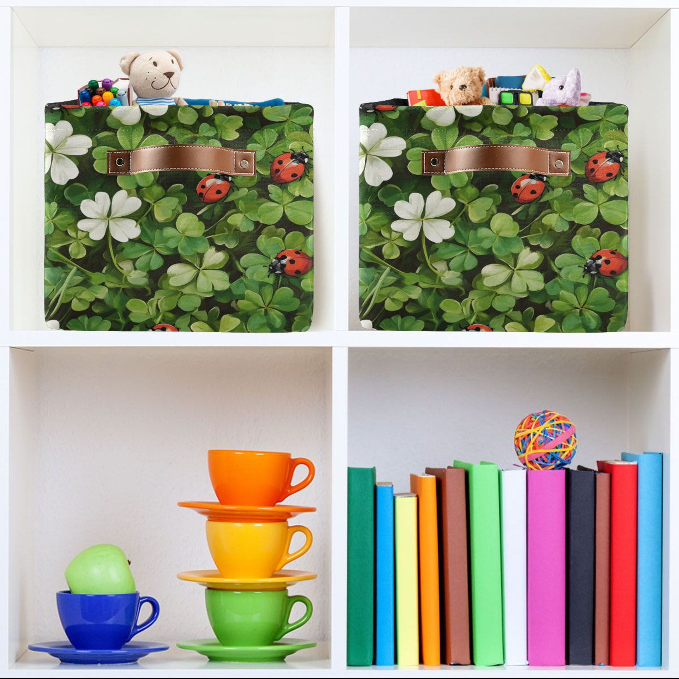 Ryvnso Ladybugs Clover Flowers Storage Basket Large Bin Foldable Boxes Toys Organizer 14.2x10.2x8.3in 2 PCs