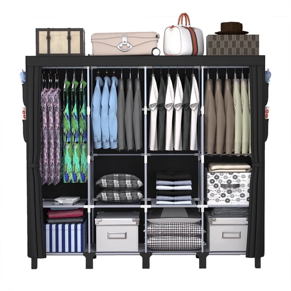 Black, Portable Closet Organizer and Storage with 3 Hanging Rods for Hanging Clothes, 6 Wardrobe Closet Storage Shelves for Bedroom, Easy to Assemble.