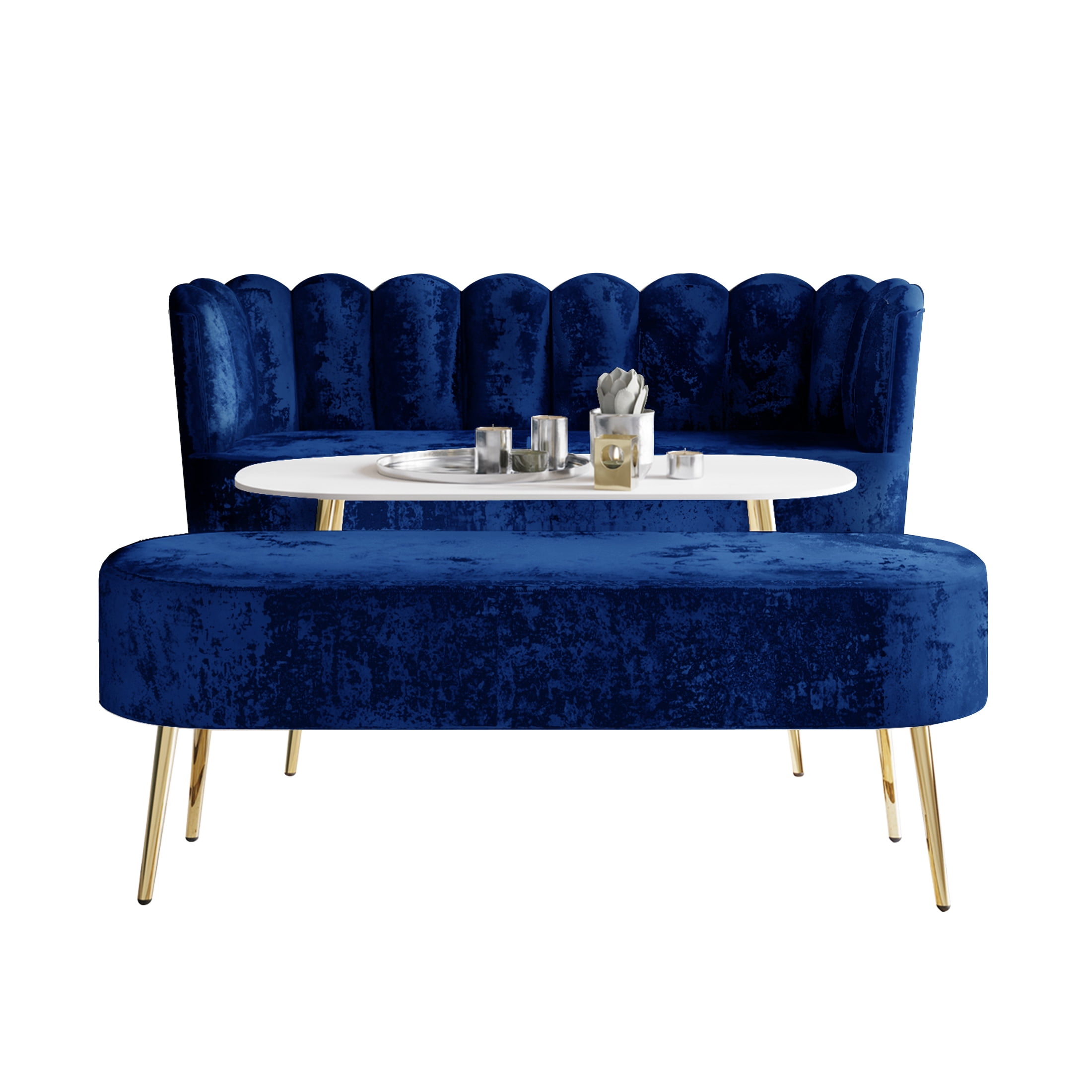Castle Place Modern Luxury Upholstered Velvet Love Seat with Bench and Coffee Table, Navy Blue