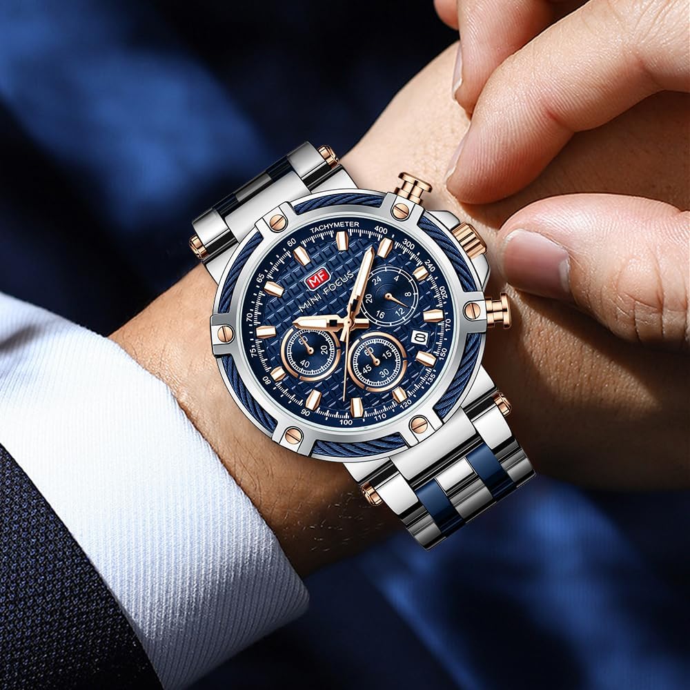 Business Men Watches (Chronograph/Waterproof/Luminous/Calendar/24 Hours) Big Face Stainless Steel Band Watches for Men