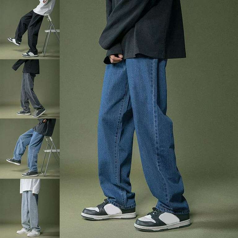 Men Wide-leg Pants Korean Straight Baggy Jeans Elastic Waist