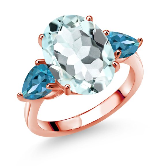 Gem Stone King 18K Rose Gold Plated Silver Sky Blue Simulated Aquamarine and London Blue Topaz Ring for Women (7.24 Cttw, 14X10MM Oval and 7X5MM Pear Shape, Gemstone, Size 6)