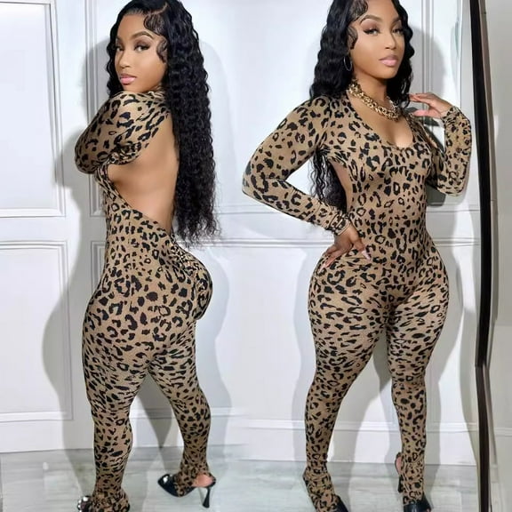 Lace-up Leopard Print Jumpsuits (S, MultiBrown)