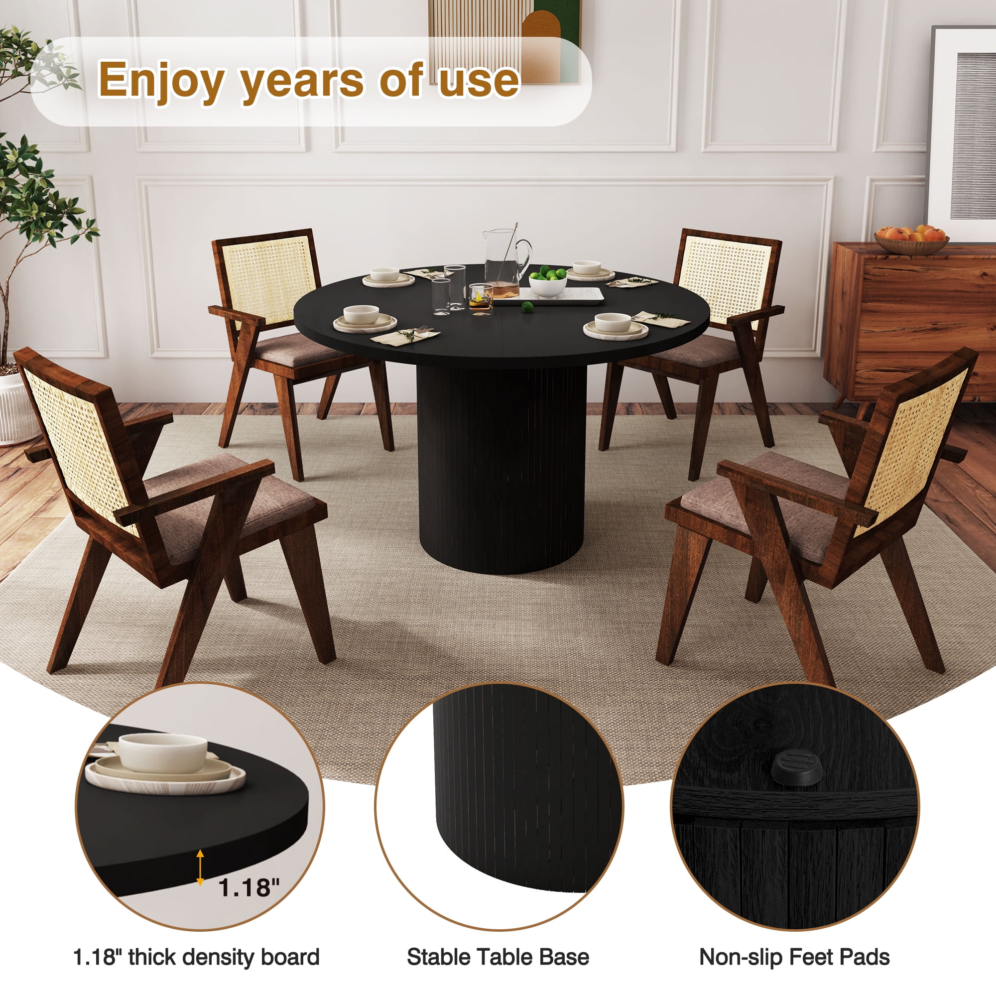 Wirrytor Round Dining Table, Modern Farmhouse Kitchen Table, 47 Inch Coffee Circle Dining Tables with Wood Strip Base for Kitchen Living Room, Black