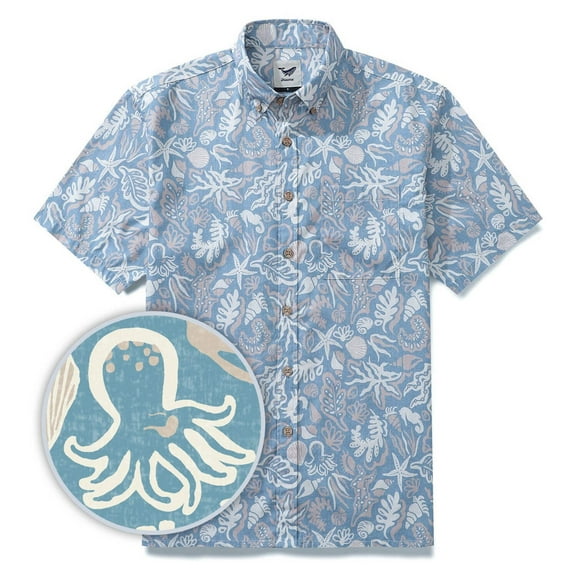 Men's Marine Life Shirt 100% Cotton Button-down Blue Hawaiian Shirt Oceanic Shirt for Men