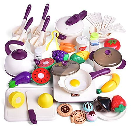 Fun Little Toys 53 PCs Pretend Play Kitchen Toy Include Play Food  Cooking Utensils  Cutting Food and Cooking Kits  Learning Gift for Girls Boys Toddlers