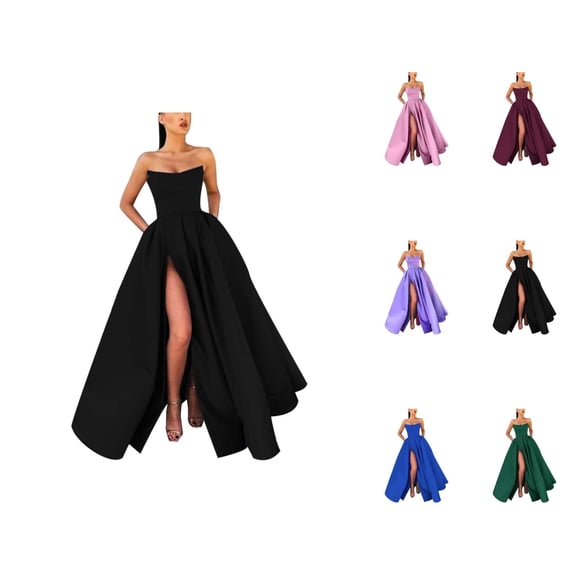 Satin Prom Dresses for Women Sleeveless Strapless Slit Zip Back A Line Maxi Dress Evening Ball Gown Wedding Guest Dress