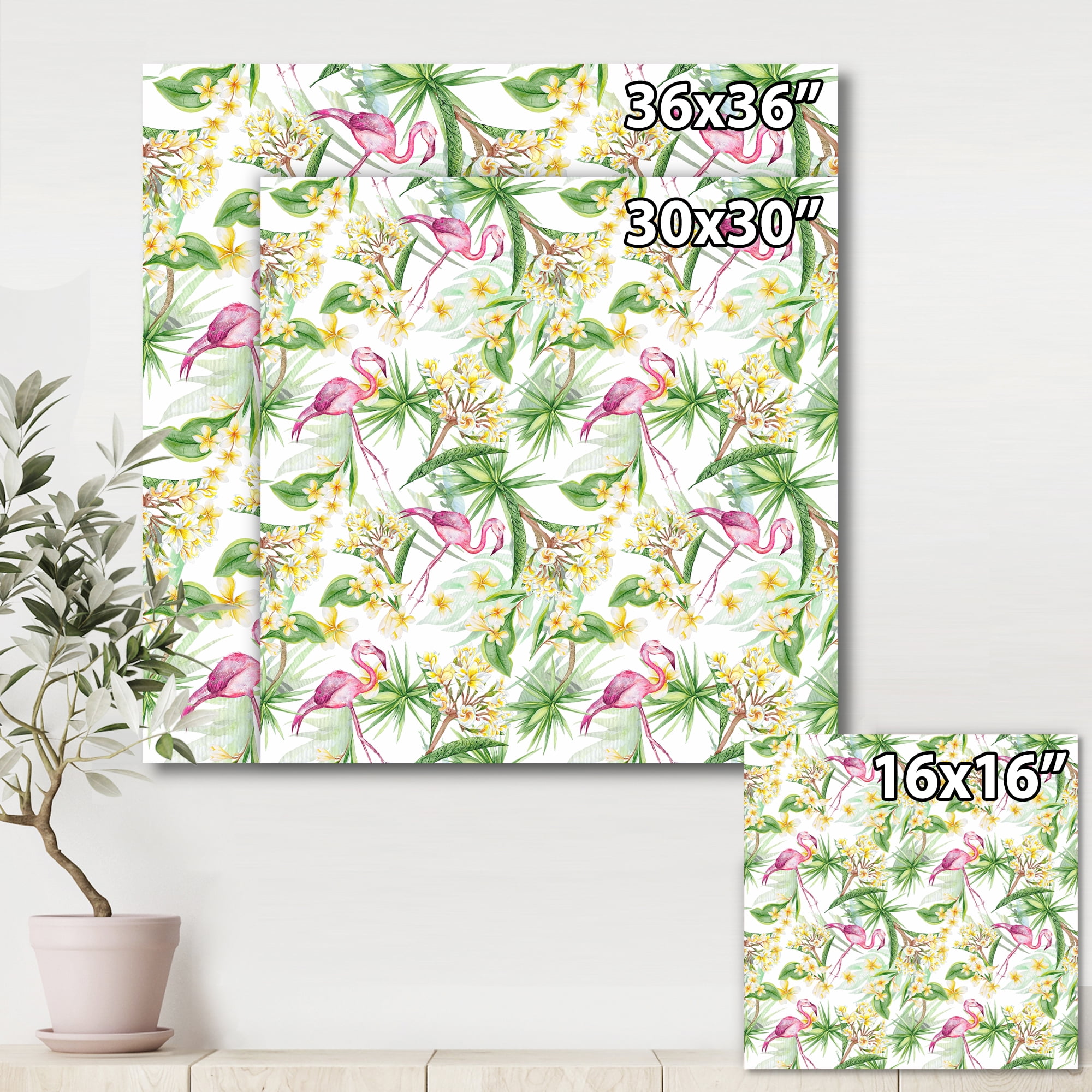 Designart ' Yellow Flowers, Tropical Foliage With Flamingo IV ' Modern Canvas Wall Art Print