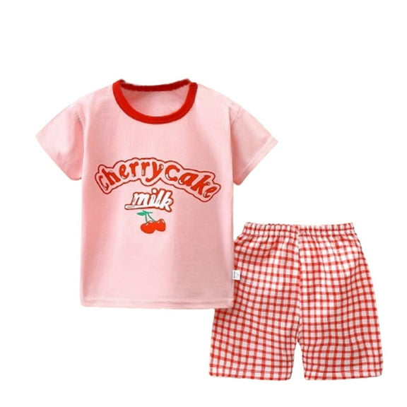 Odeerbi Kids Boys Girls 2 Piece Outfits Cartoon Cotton T-shirt Shorts Set Summer Clothes Baby Cute Printed Round Neck Short Sleeve Shorts Set Pink